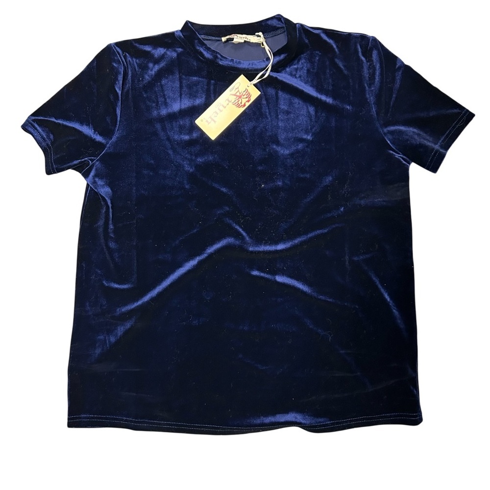 Aryeh Women’s Large Navy Velvet Short Sleeve top shirt blouse‎ NWT